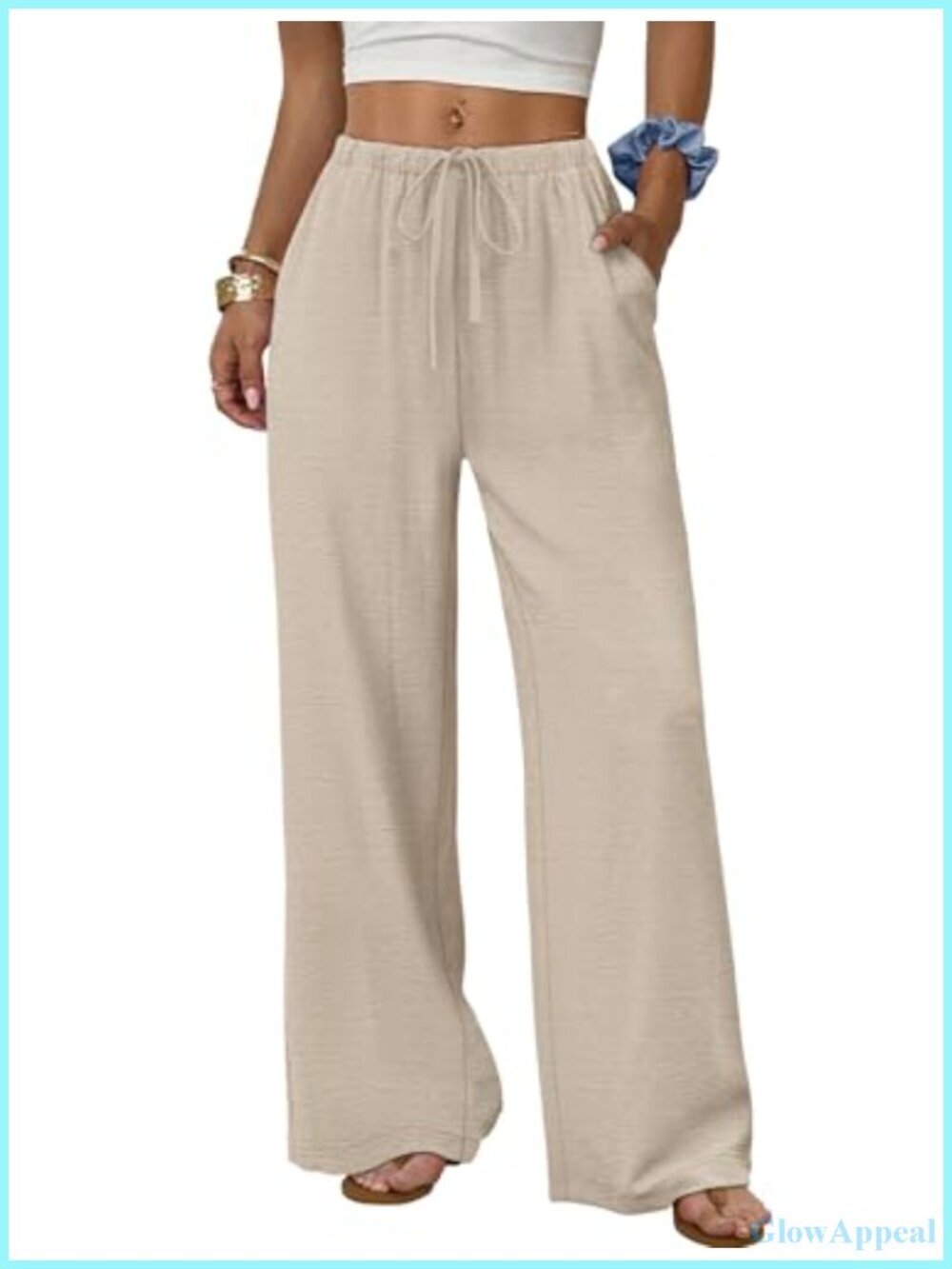Wide Leg Palazzo Pants with Pockets Elastic Waist Drawstring Flowy Summer